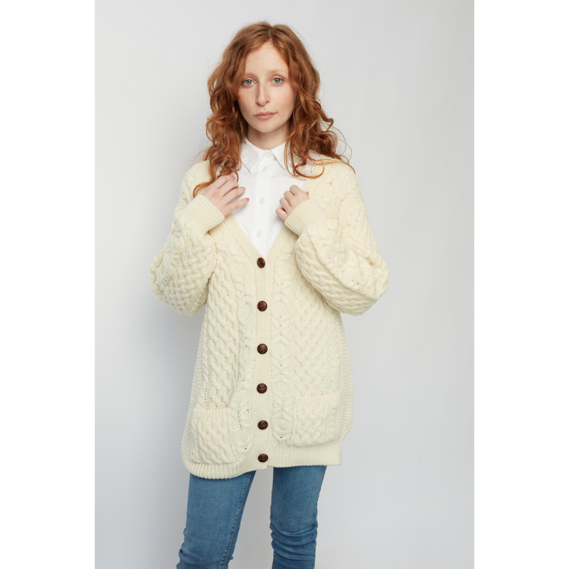  100% Merino Wool Boyfriend V-Neck Cardigan With Buttons  Natural Colour